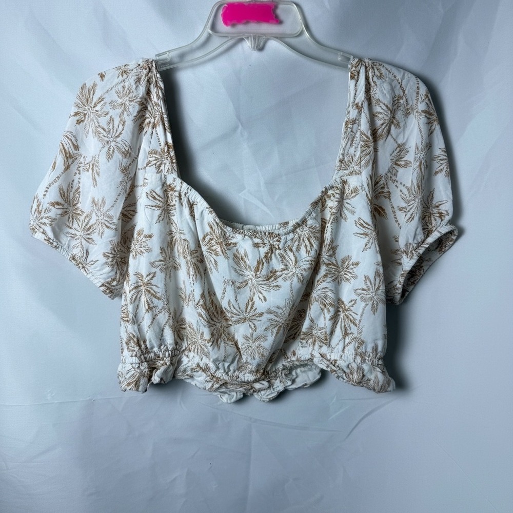 1. State Palm Leaf‎ Print Square Neck Puff Sleeve Cropped Blouse Top XL - Picture 2 of 6